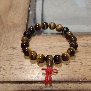 Tiger Eye Beaded Bracelet with Red Knot